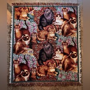 Vintage Woven Colorful Cat Tapestry Blanket FelinePet Animal Throw